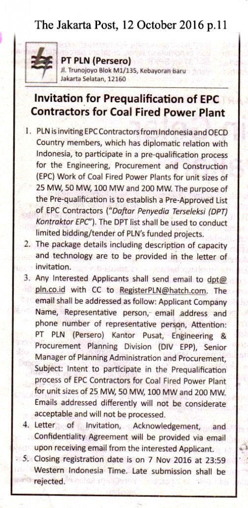 Invitation for Prequalification of EPC Constructions for Coal Fired Power Plant