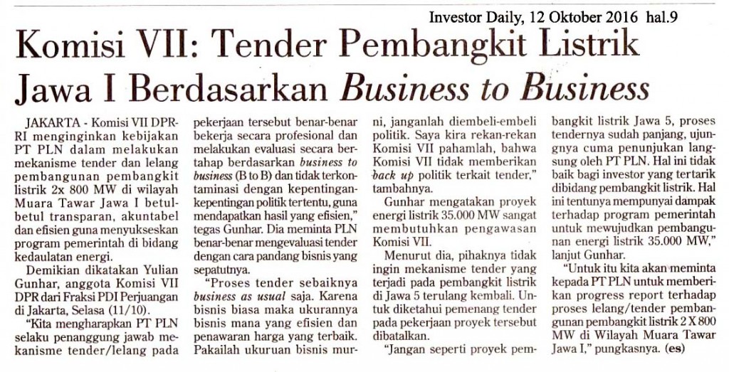 Komisi VII___ Tender Pembangkit Listrik Jawa I Berdasarkan Business to Business