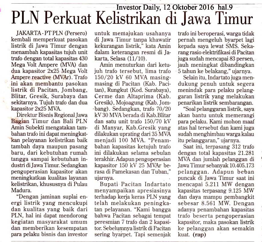 PLN Perkuat Kelistrikan di Jawa Timur