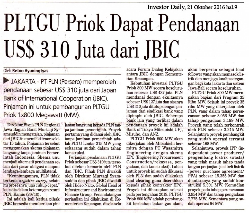 PLTGU Priok Dapat Pendanaan US$ 310 Juta dari JBIC