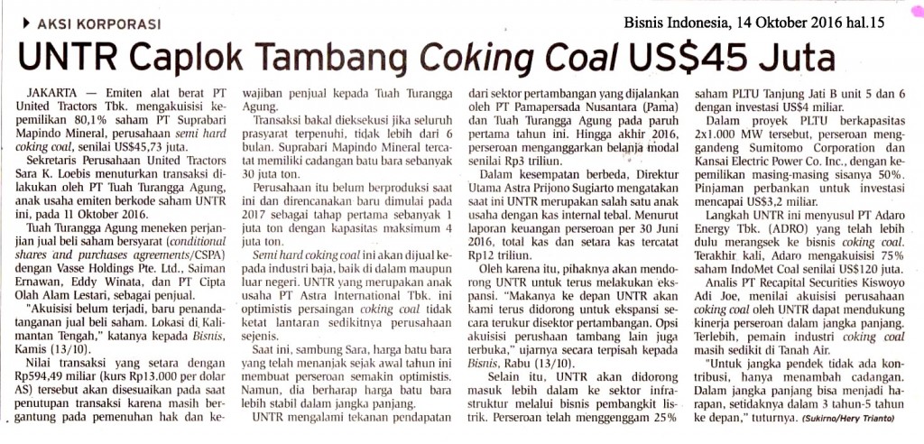 UNTR Caplok Tambang Coking Coal US$ 45 Juta