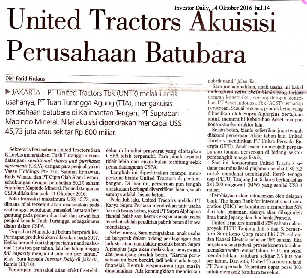 United Tractors Akuisisi Perusahaan Batubara