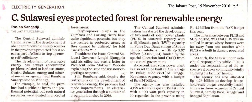 C Sulawesi eyes protedted forest for renewable energy