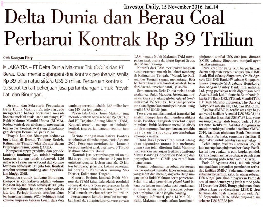 Delta Dunia dan Berau Coal Perbarui Kontrak Rp 39 Triliun