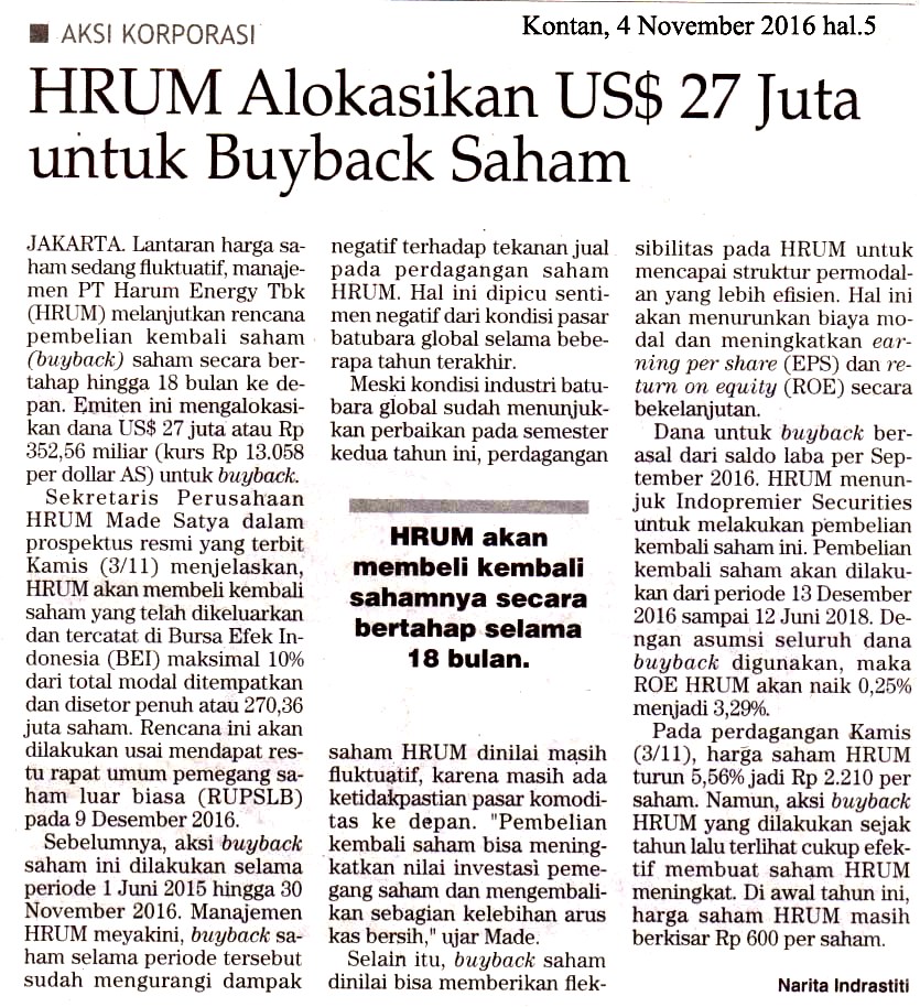 HRUM Alokasikan US$ 27 Juta untuk Buyback Saham
