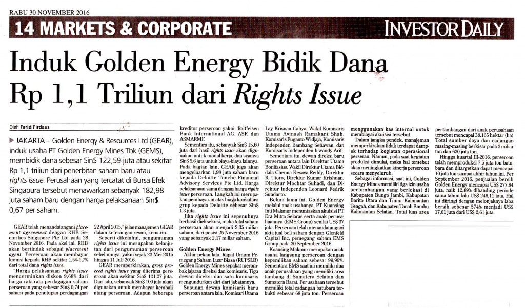 Induk Golden Energy Bidik Dana Rp 1,1 Triliun dari Rights Issue