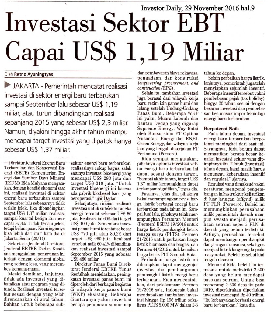 Investasi Sektor EBT Capai US$ 1,19 Milyar