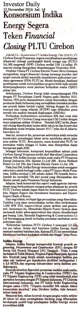 Konsorsium Indika Energy Segera Teken Financial Closing PLTU Cirebon