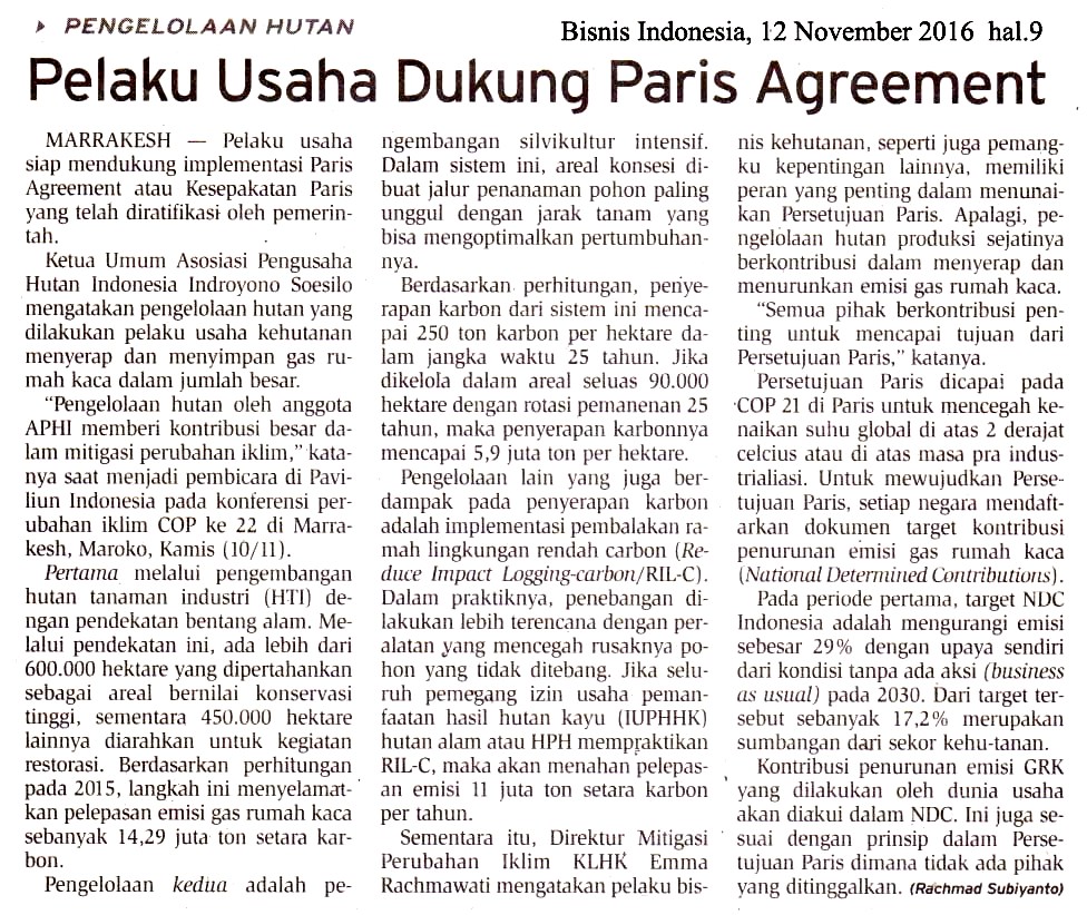 Pelaku Usaha Dukung Paris Agreement