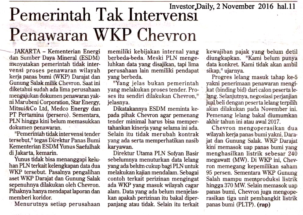 Pemerintah Tak Intervensi Penawaran WKP Chevron