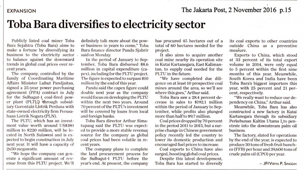 Toba Bara diversifies to electricity sector