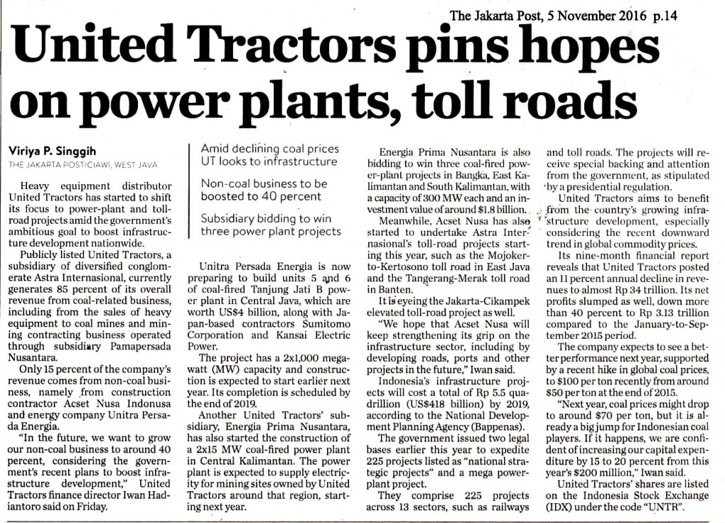 United Tractors pins hpes on power plants, toll roads