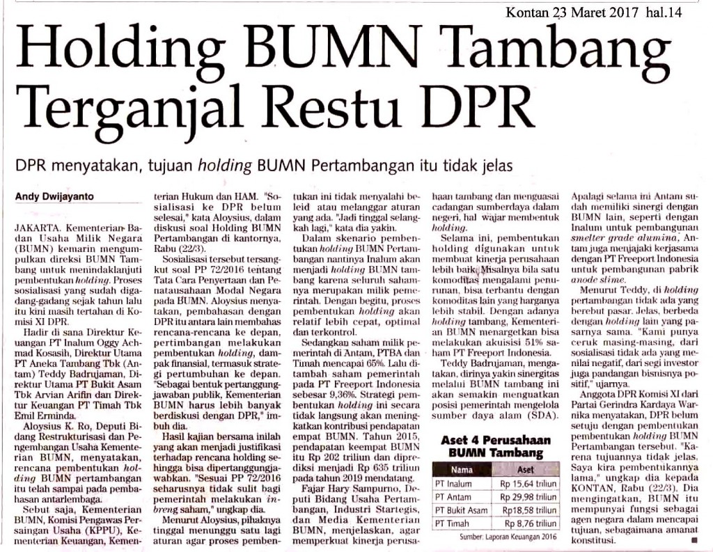 Holding BUMN Tambang Terganjal Restu DPR
