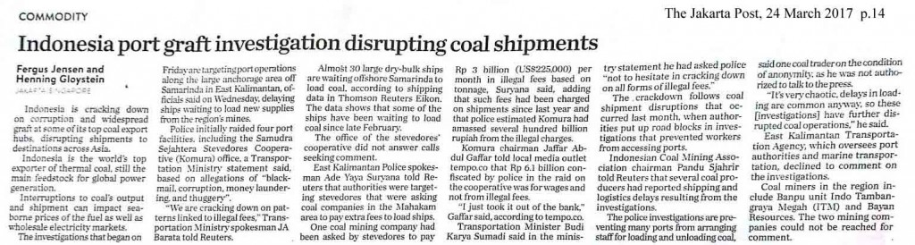 Indonesia port graft investigation disrupting coal shipments