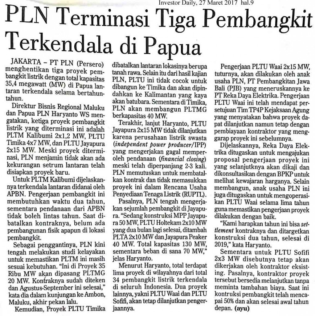 PLN Terminasi Tiga Pembangkit Terkendala di Papua