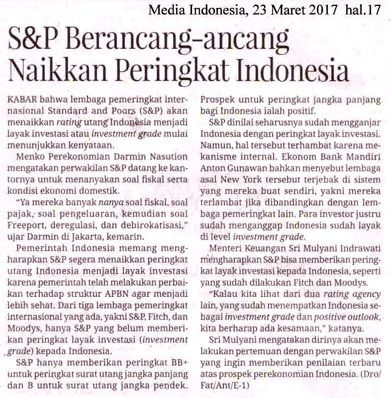 S&P Berancang-ancang Naikkan Peringkat Indonesia