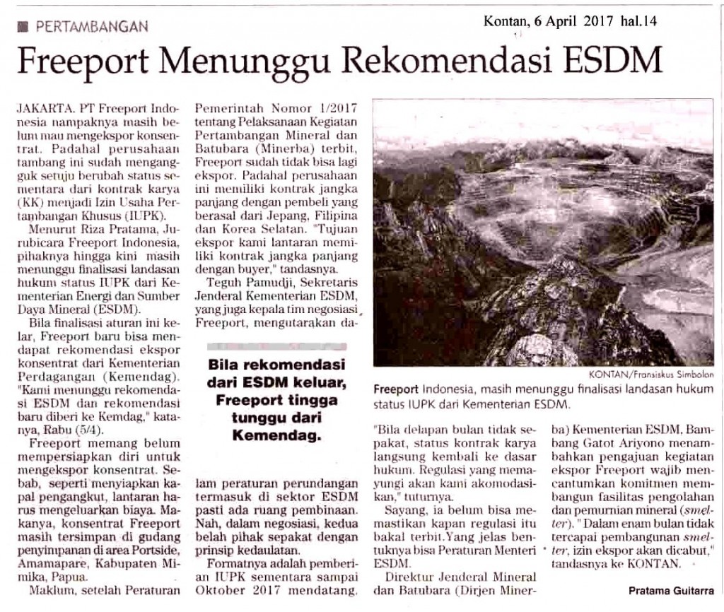 Freeport Menunggu Rekomendasi ESDM