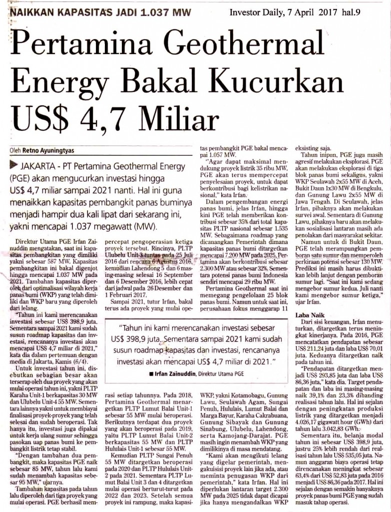Pertamina  Geothermal Energy Bakal Kucurkan US$ 4,7 Miliar