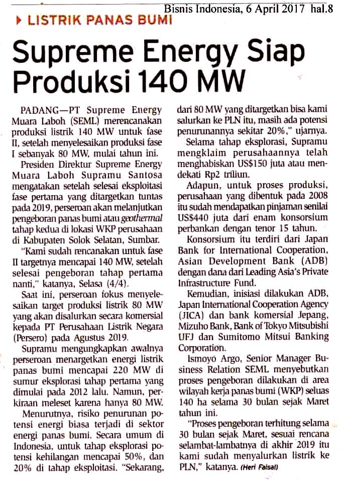 Supreme Energy Siap Produksi 140 MW