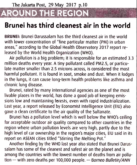 Brunei has third cleanest air in the world