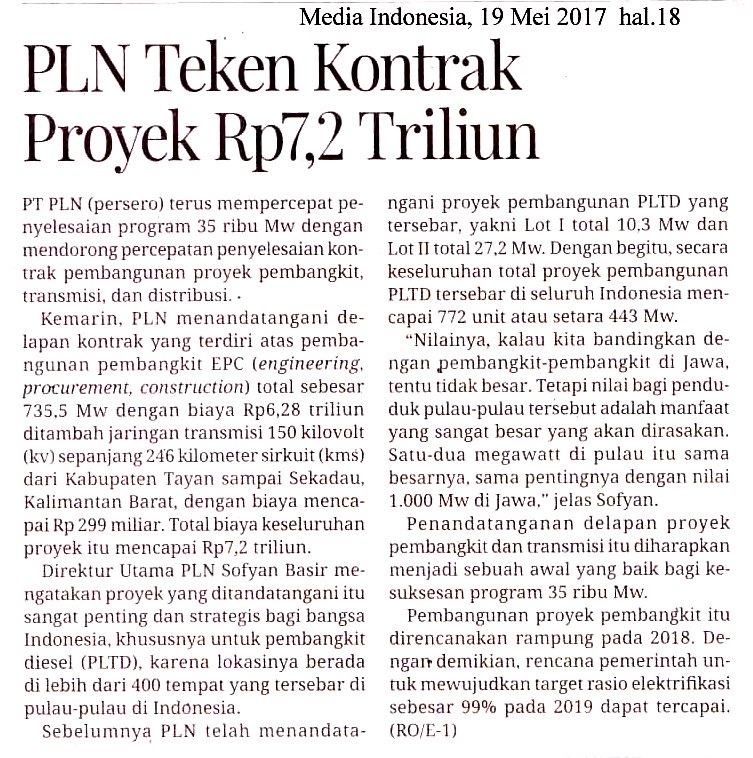 PLN Teken Kontrak Proyek Rp7,2 Triliun