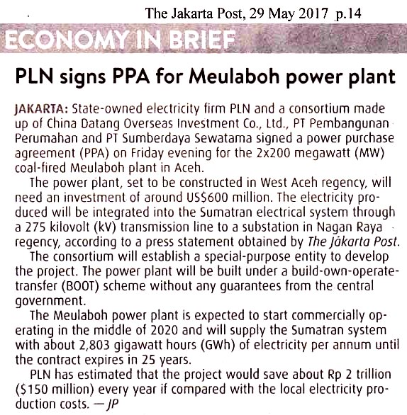 PLN signs PPA for Meulaboh power plant
