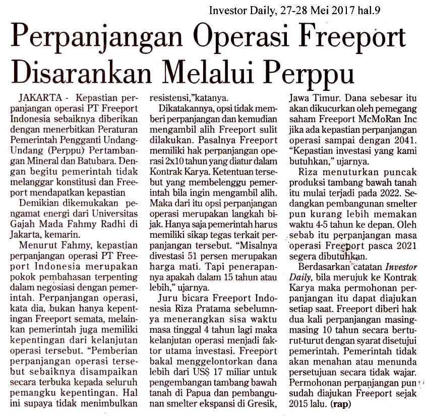 Perpanjangan Operasi Freeport Disarankan Melalui Perppu