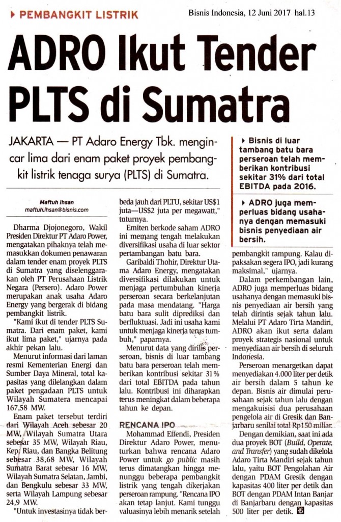 ADRO Ikut Tender PLTS di Sumatra