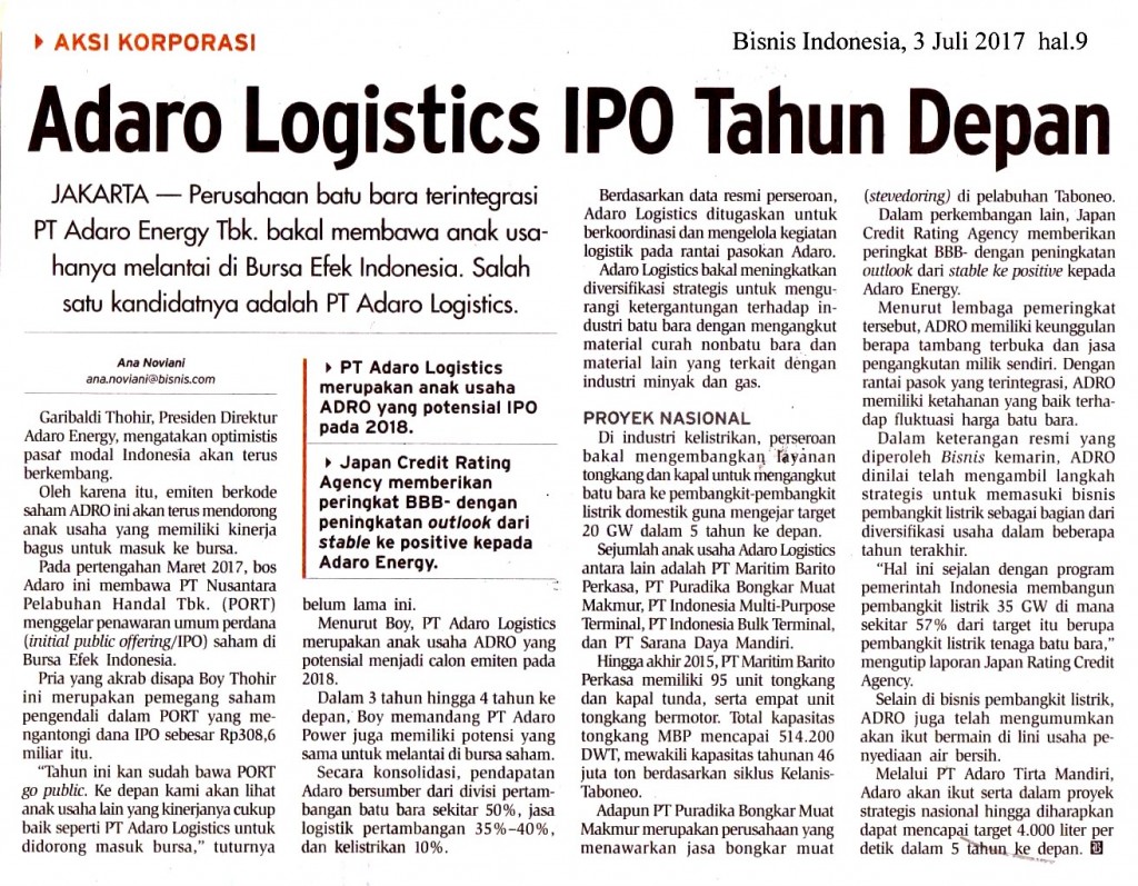 Adaro Logistics IPO Tahun Depan