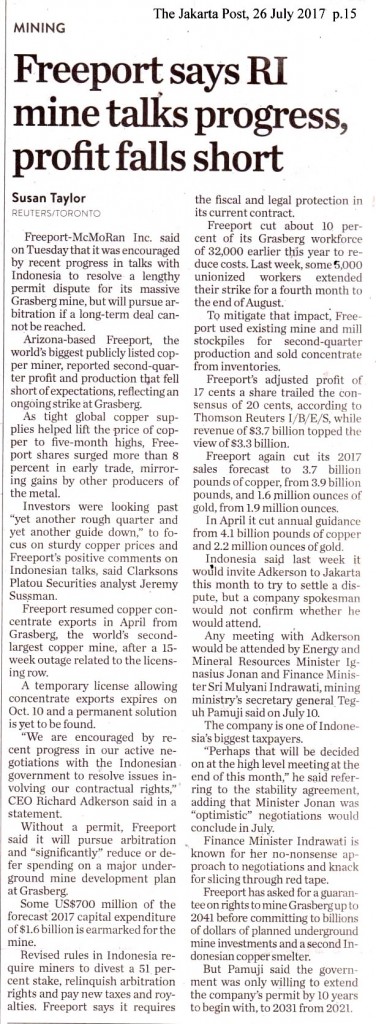 Freeport says RI mine talks progress, profit falls short