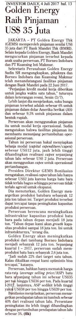 Golden Energy Raih Pinjaman US$ 35 Juta