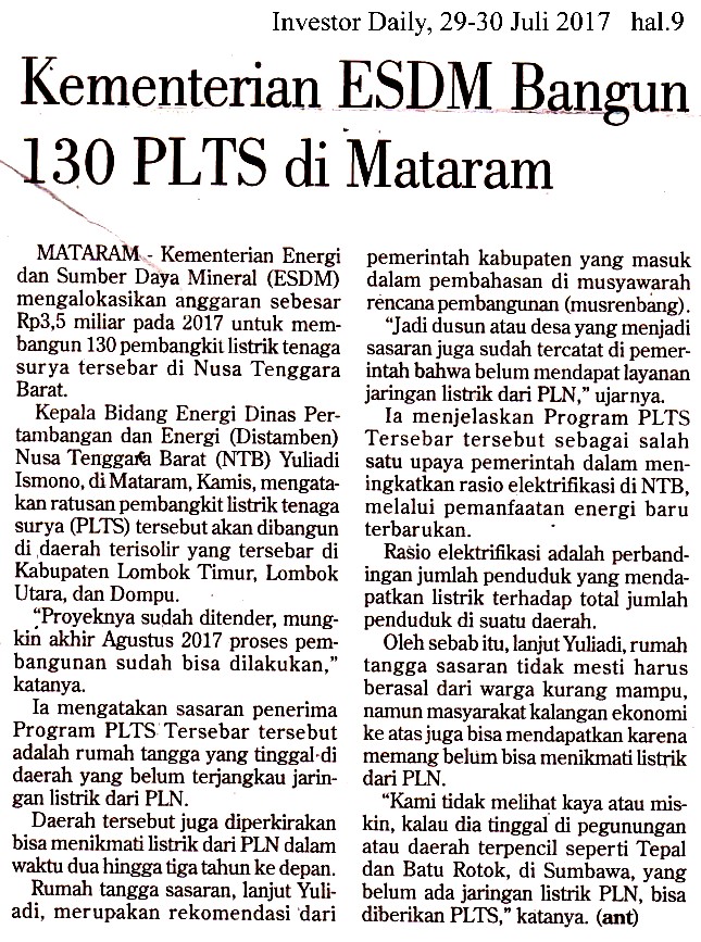 Kementerian ESDM Bangun 130 PLTS di  Mataram