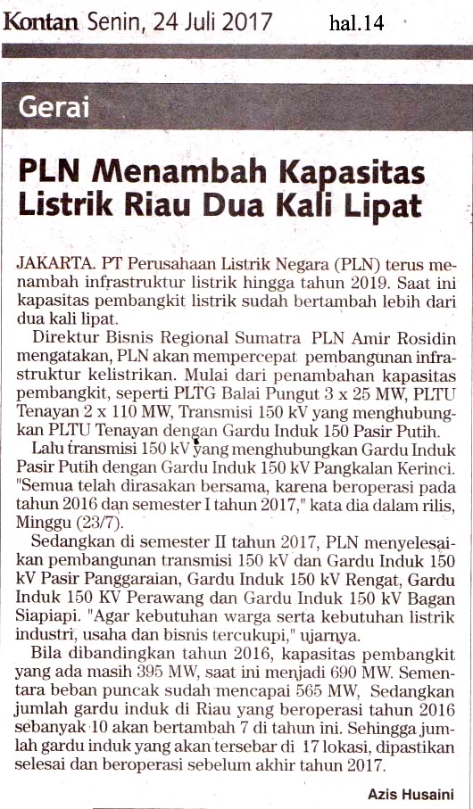 PLN Menambah Kapasitas Listrik Riau Dua Kali Lipat