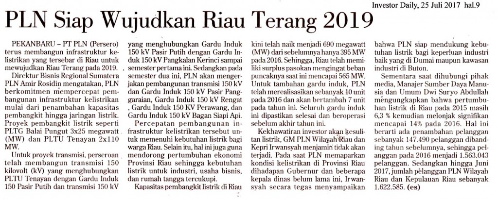 PLN Siap Wujudkan Riau Terang 2019