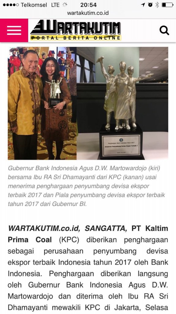 PT KPC Diberikan Penghargaan Penyumbang Devisa Ekspor Terbaik Indonesia Tahun 2017