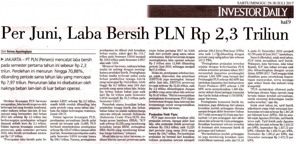 Per Juni, Laba Bersih PLN Rp 2,3  Triliun copy