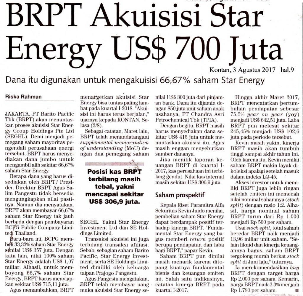 BRPT Akuisisi Star Energy US$ 700 Juta