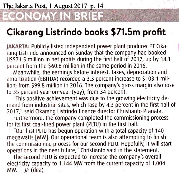 Cikarang Listrindo books $71.5m profit