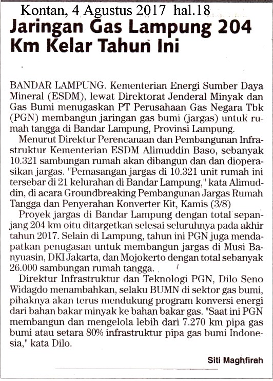 Jaringan Gas Lampung 204 Km Kelar Tahun Ini