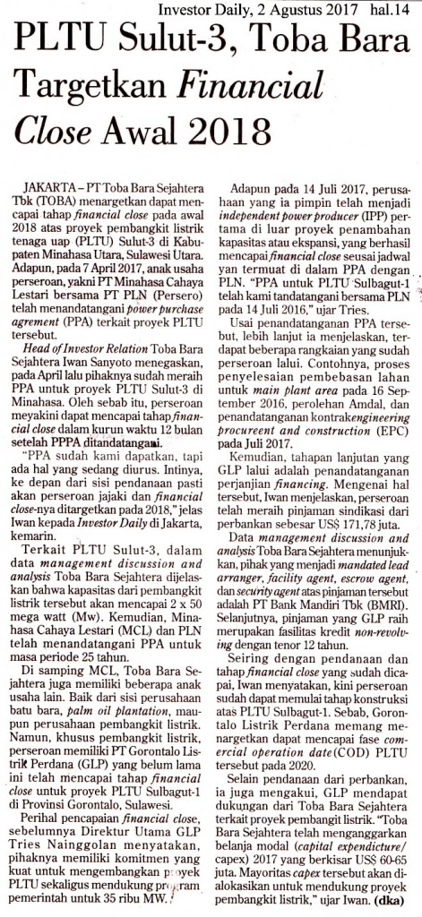 PLTU Sulut-3, Toba Bara Targetkan Financial Close Awal 2018