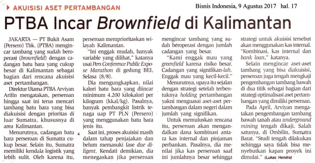 PTBA Incar Brownfield di Kalimantan