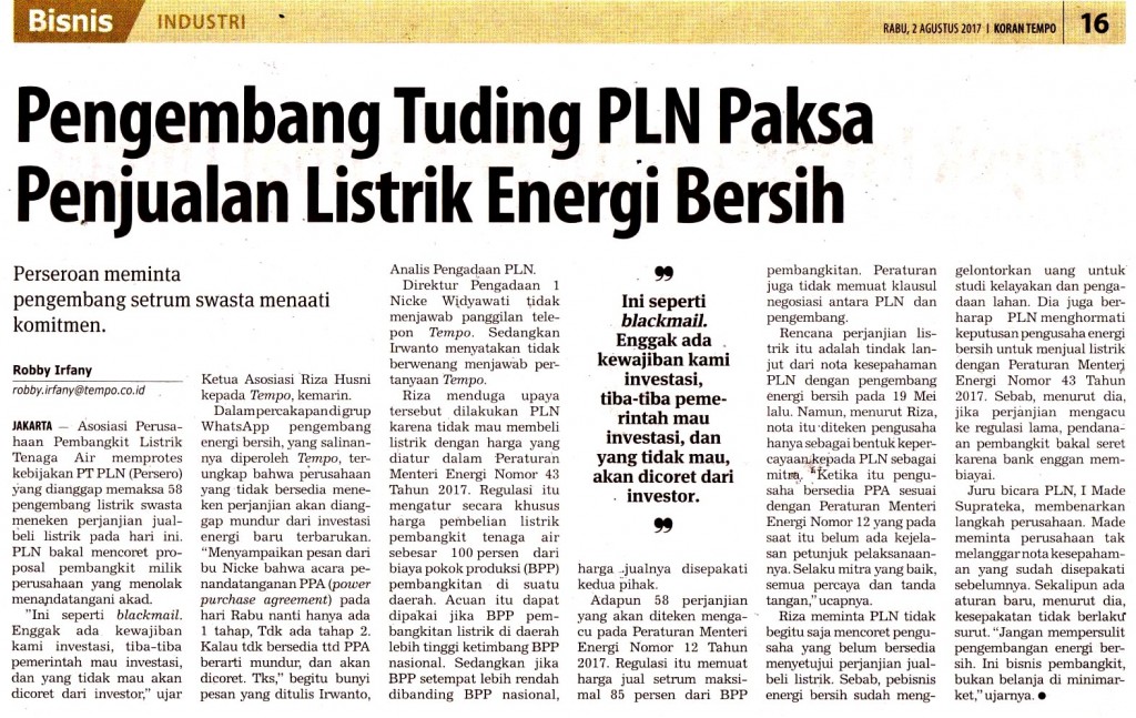 Pengembang Tuding PLN Paksa Penjualan Listrik Energi Bersih