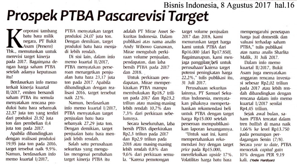 Prospek PTBA Pascarevisisi Target