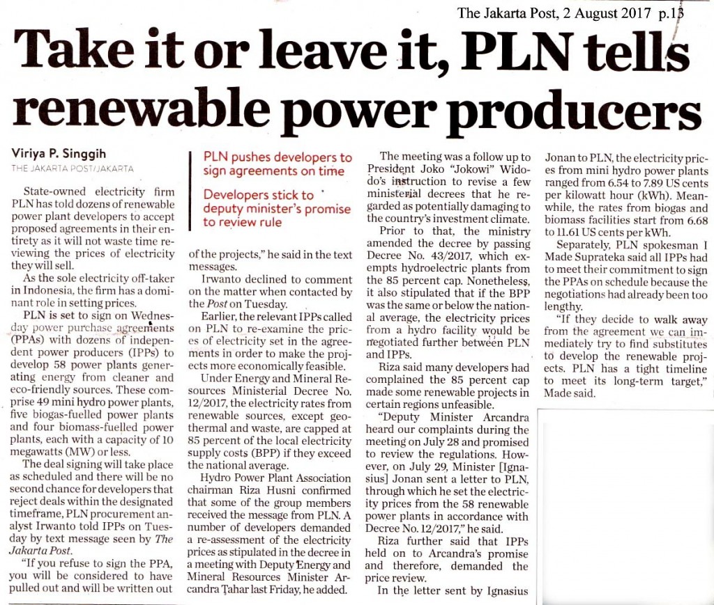 Take it or leave it, PLN tells renewable power producers