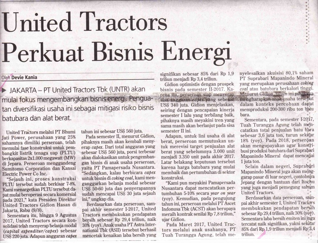 United Tractors Perkuat Bisnis  Energy ( Investor daily hal 14 10 08 2017 )