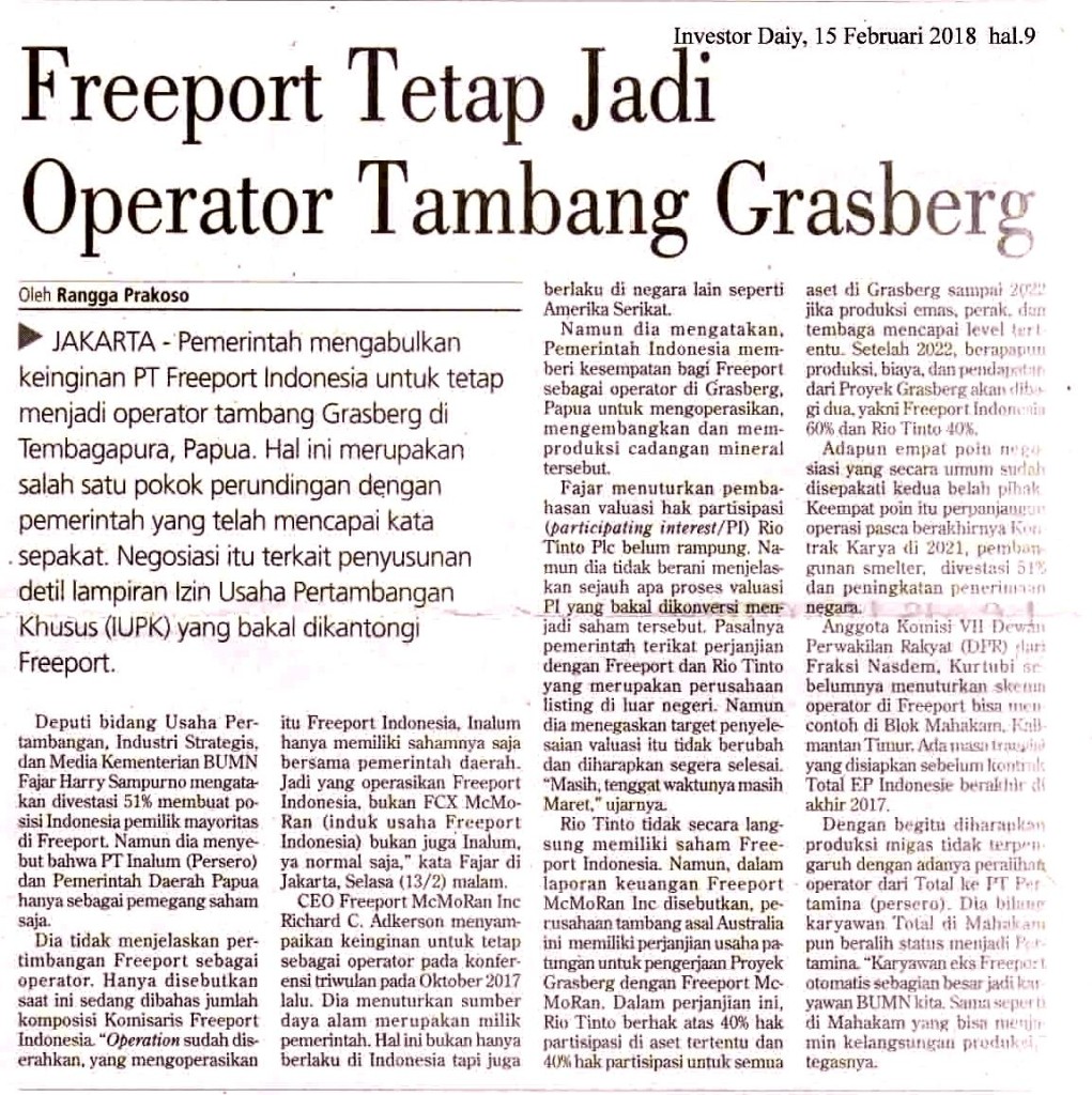FreeportTetap Jadi Operator Tambang Grasberg