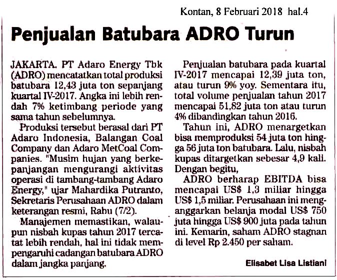 Penjualan Batubara ADRO Turun