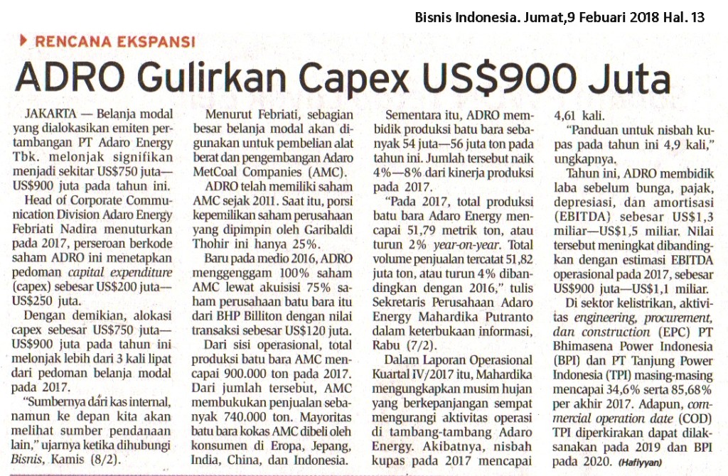 Rencana Ekspansi ADRO Gulirkan Capex US$900 Juta