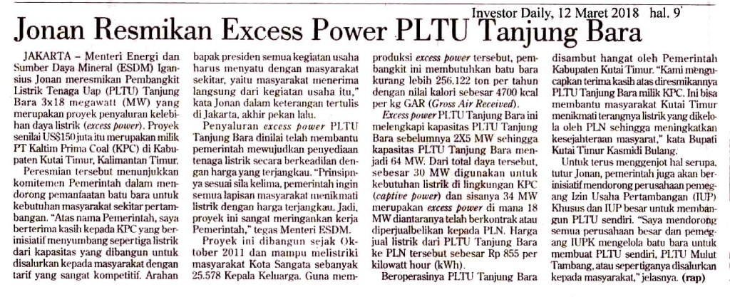 Jonan Resmikan Excess Power PLTU Tanjung Bara