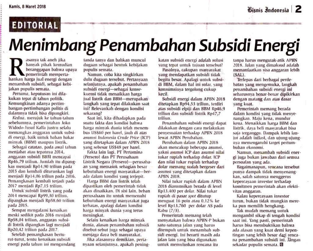 Menimbang Penambahan Subsidi Energi